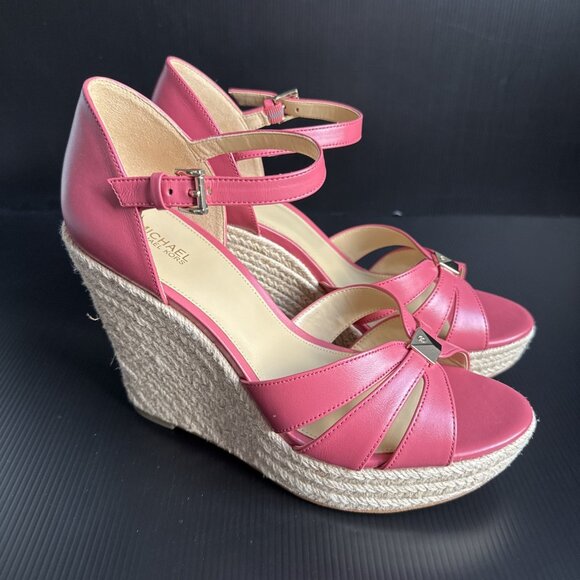 Michael Kors Shoes - Michael Kors Pink Leather Maggie Wedge Buckle Espadrilles